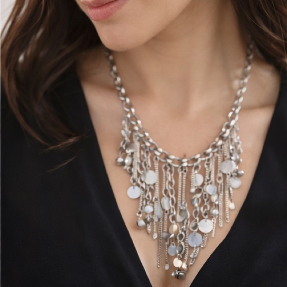 Silver Fringe Statement Necklace Layered Chain Bib Boho Festival - Picture 4 of 4